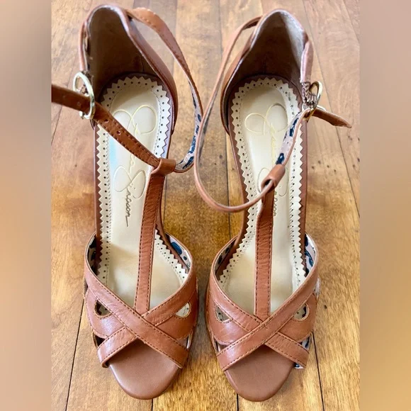 Jessica Simpson Jeraldine Elegant Brown Leather Open Toe Heels Women’s Size 5.5M - Picture 8 of 10